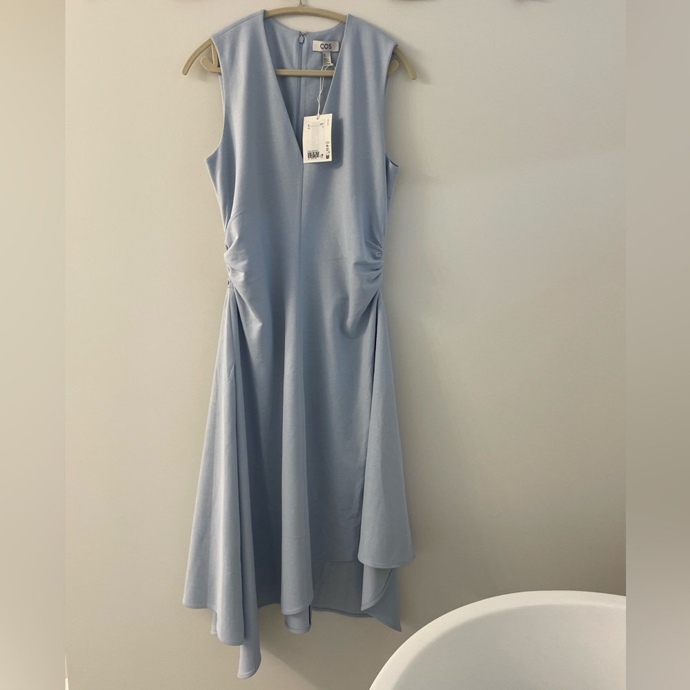 COS Gathered Asymmetric Midi Dress Size M Blue